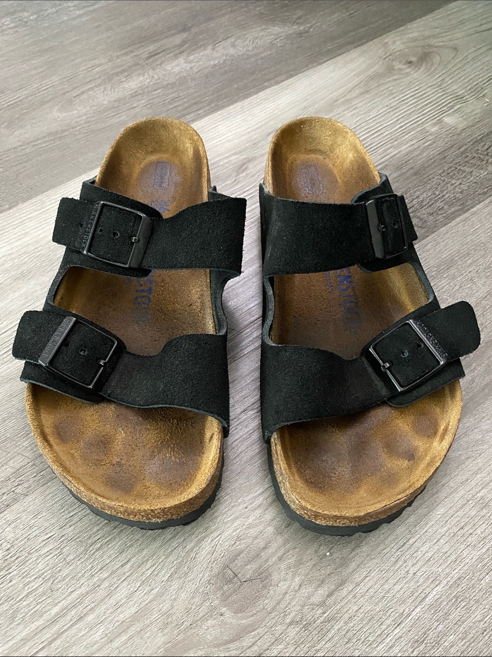 Birkenstock Arizona Suede Sandals 36 R Black Soft Bed Two Strap Slip On Shoes